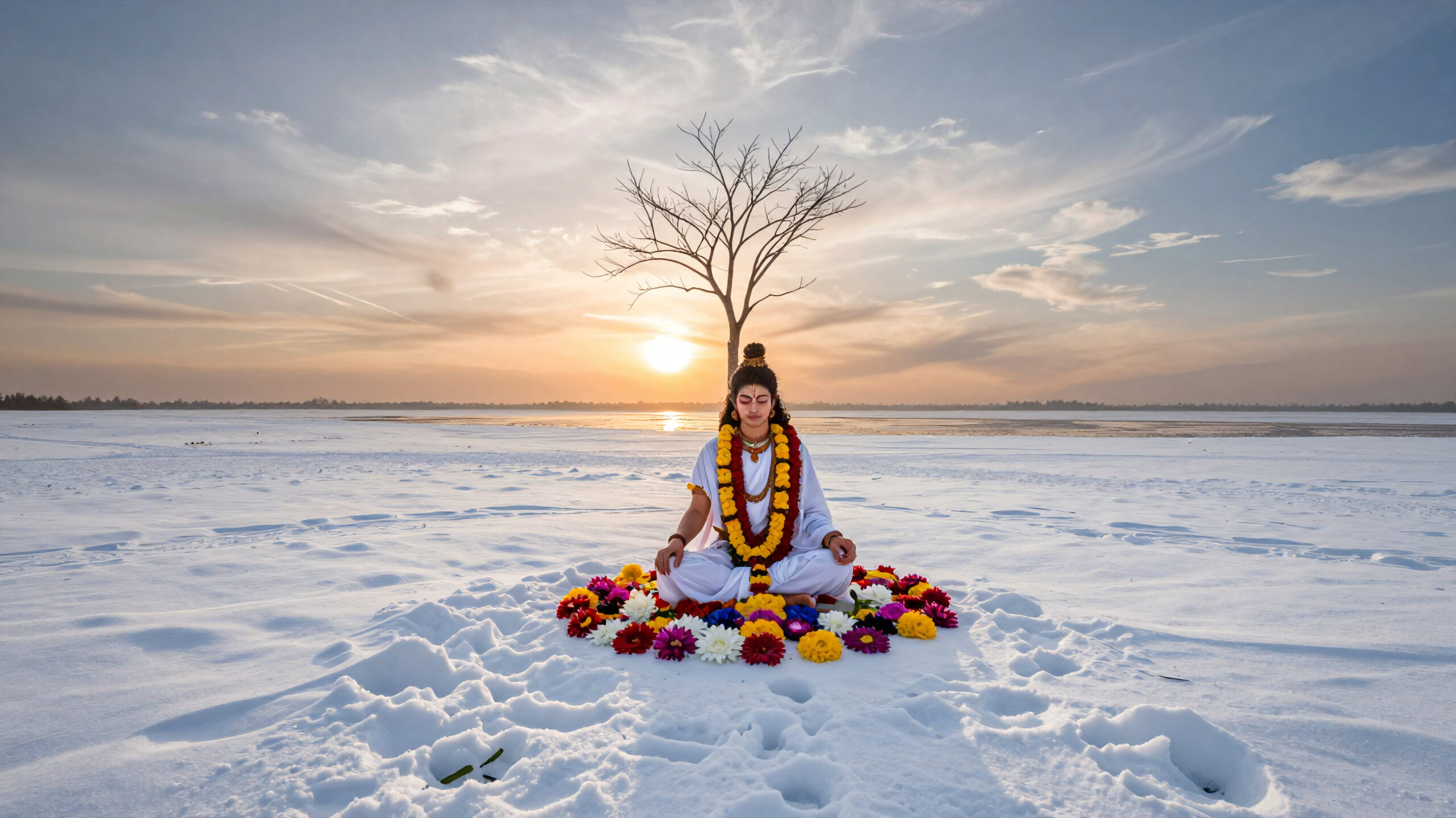 Winter Meditation Under Golden Sky