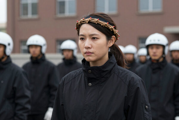 Woman wears symbolic crown among uniformed soldiers outdoors