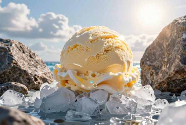 Creamy vanilla ice cream melting over ice on sunny beach beside rocks