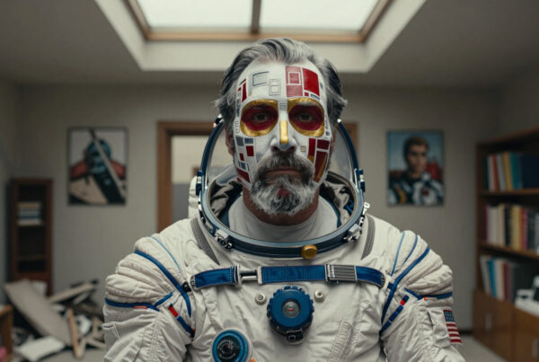 Elder astronaut wears futuristic face-painted suit indoors near shelves