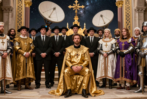 Medieval knights and modern businessmen pose together beneath giant satellites and a starry sky near a golden throne.
