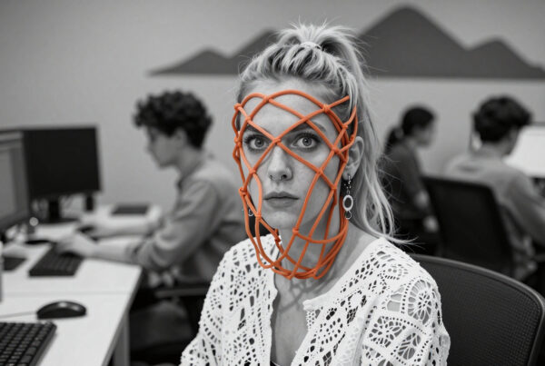 Woman wearing futuristic orange mesh face mask in modern office workspace