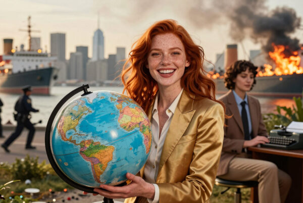 Red - haired woman holding globe with burning ships, city skyline, and police in background.