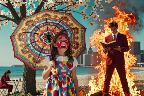 Girl holding colorful umbrella laughs on flaming beach beside suited man reading book