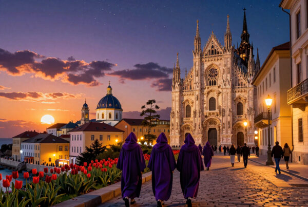 Pilgrims in Purple Robes before a Gothic Cathedral at Sunset