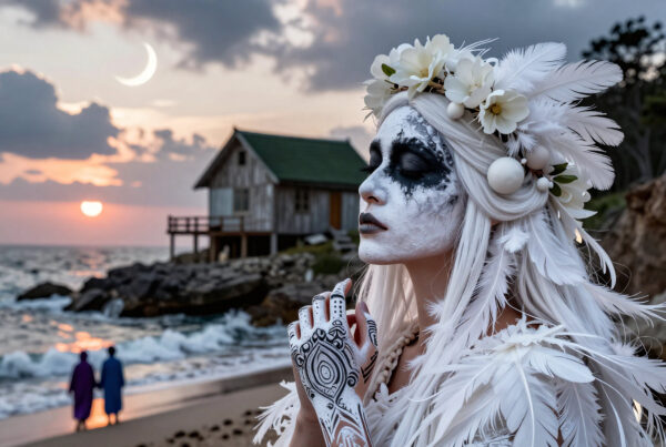 Woman in white feather costume meditating on seaside cliffside at golden hour under double-sky phenomenon