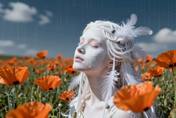 Woman meditating among orange poppies with floating digital code and feathered headpiece