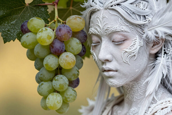 Ethereal fairy-like woman beside ripe grapes wearing feather headdress with intricate body paint in natural setting