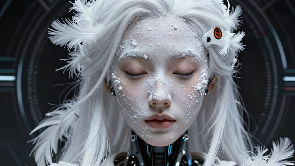 Cybernetic Figure with White Feathers and Futuristic Elements
