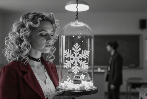 Woman holding mystical snow globe in classroom