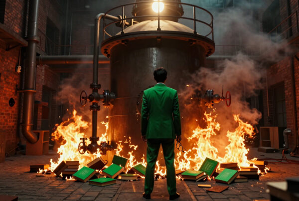 Man in green suit watching books burn in fiery industrial ruin