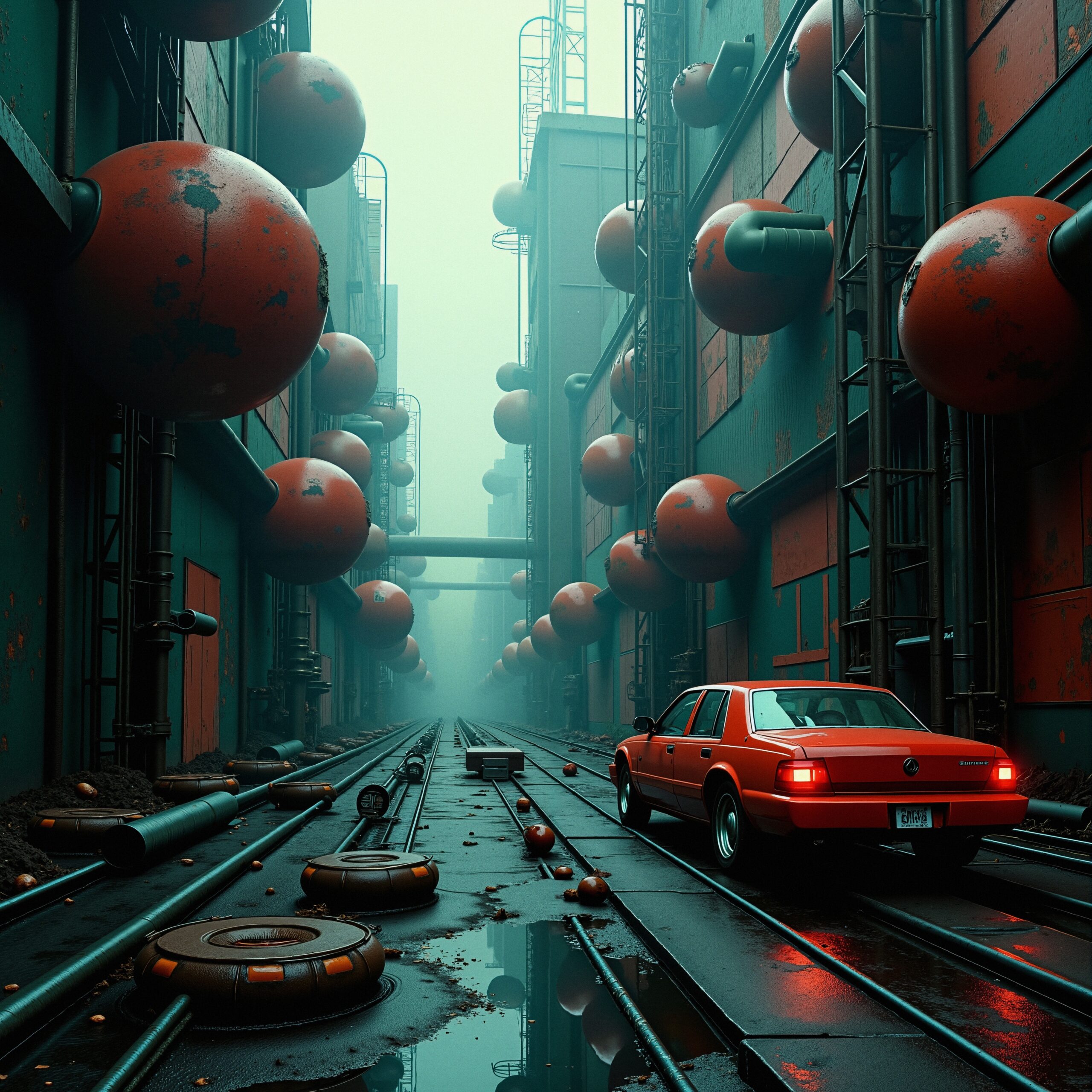 Futuristic Industrial Alley with Orange Spheres