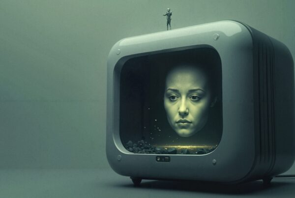 A retro-futuristic image featuring a woman’s glowing face inside a vintage television with a tiny figure atop.