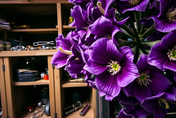 Vivid purple flowers set against wooden shelves with various items, adding a striking contrast and vibrant aesthetic.