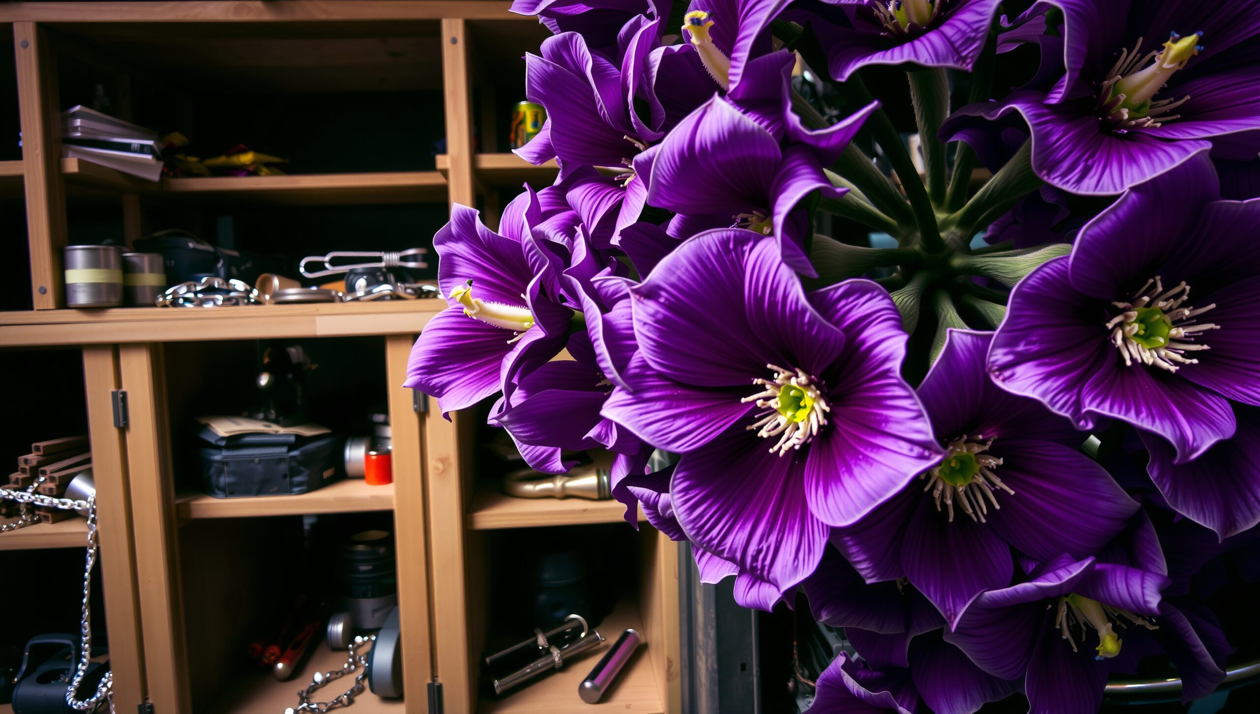 Vibrant Purple Flowers and Shelves