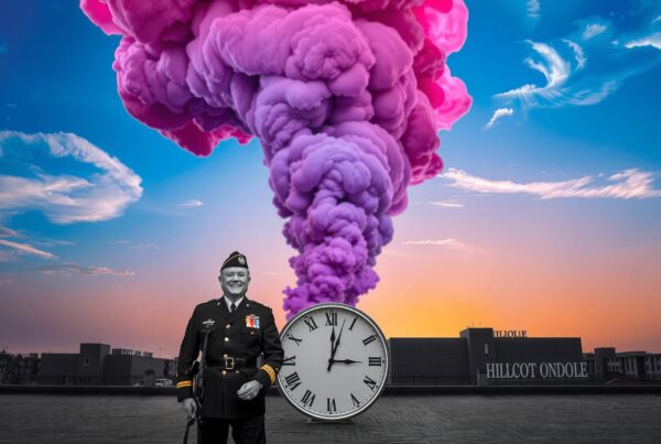 A man in military attire stands before a giant clock amidst vibrant smoke under a colorful sunset sky.