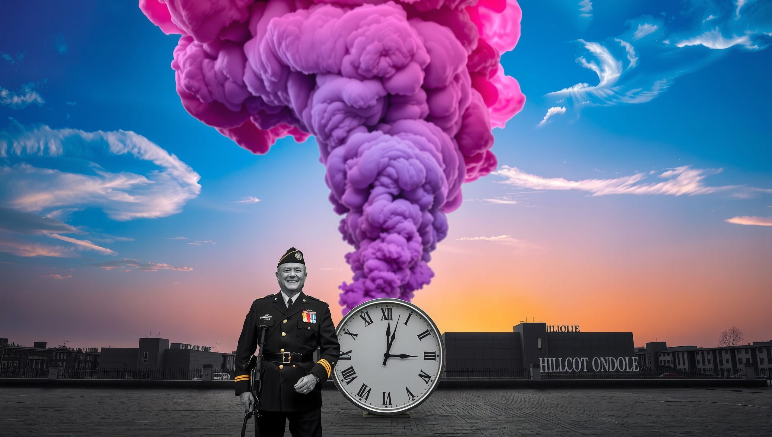 Surreal military-themed urban scene