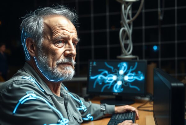 Cyber-enhanced elder researcher analyzing neural data on futuristic workstation
