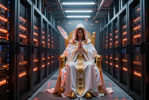 Divine figure seated in throne amidst futuristic server rooms symbolizing control over global data infrastructure