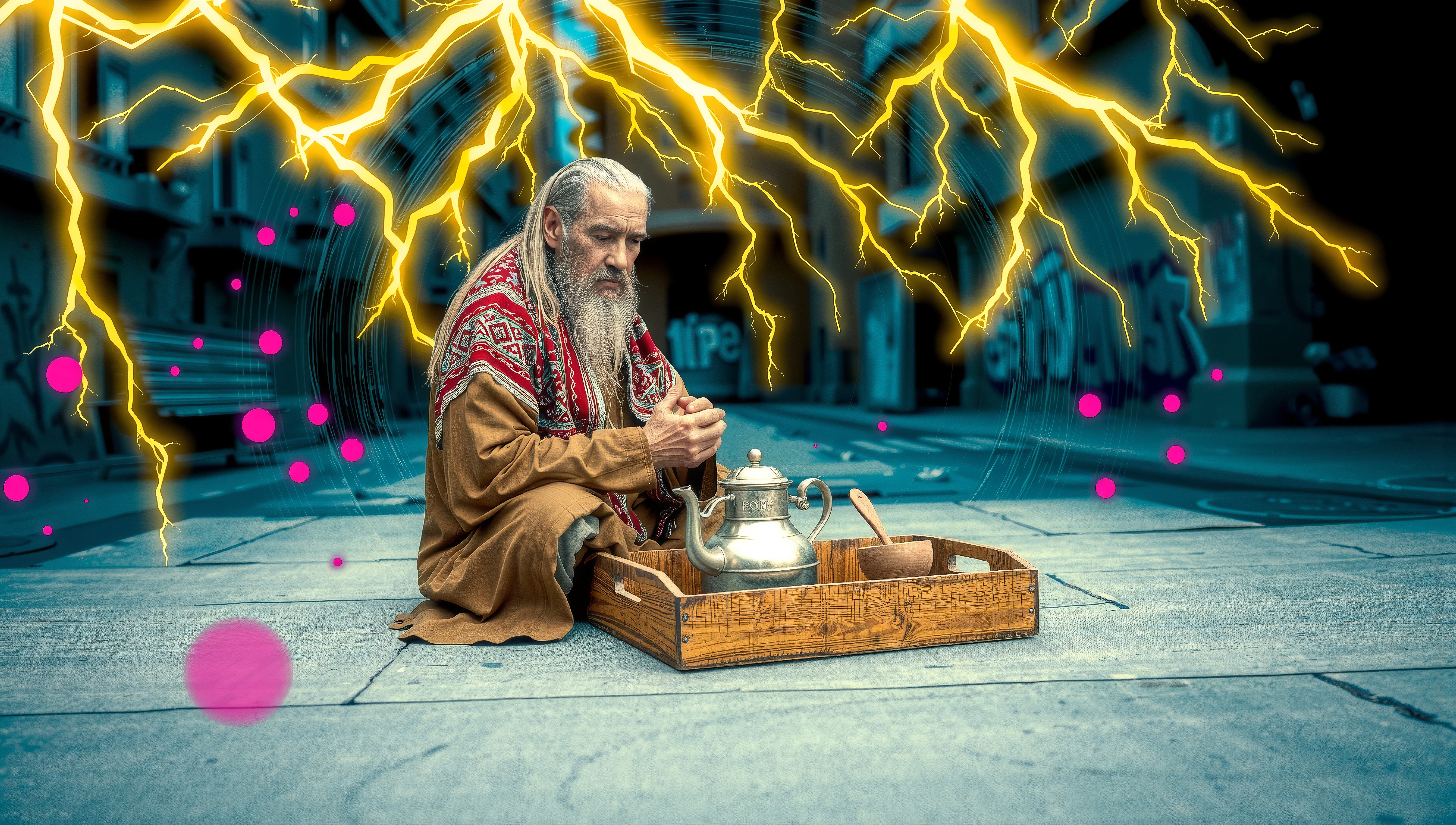 Mystical Sage Amidst Urban Lightning