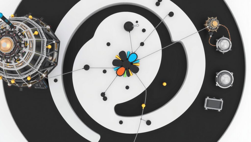 Futuristic Tech Hub with Spiral and Mechanical Elements