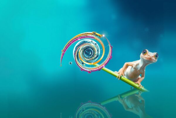 A gecko balances on a stick, gazing at a vibrant swirling spiral against a teal background.