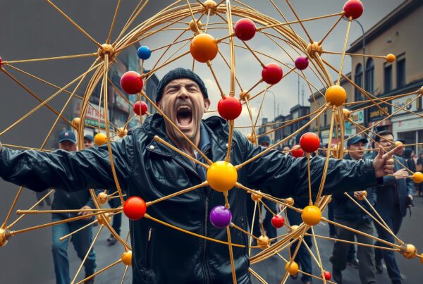 Man in black jacket with colorful abstract structure in city setting.