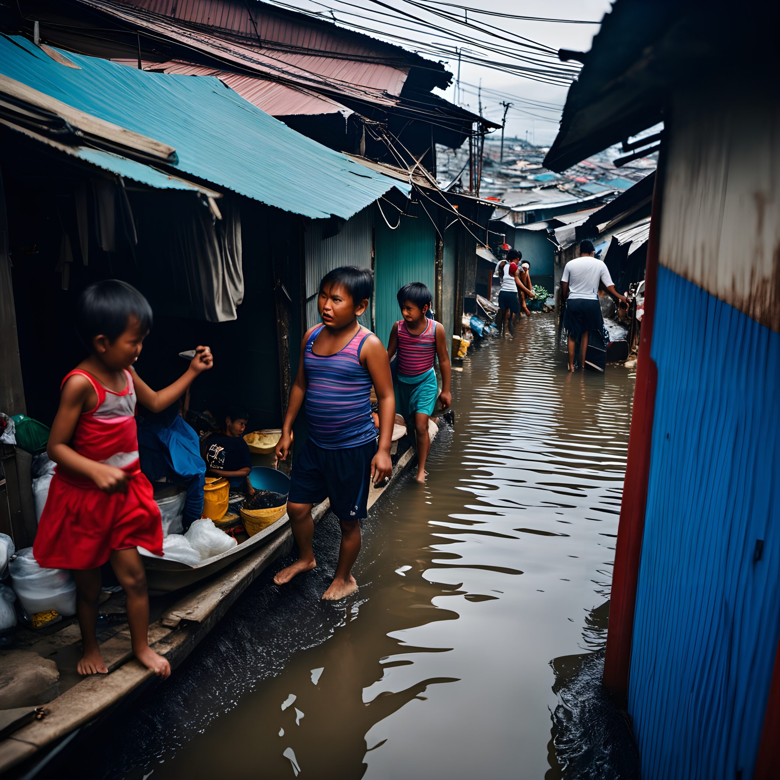 Resilient children braving floodwaters