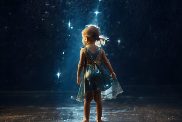 A child in a sparkly dress gazes at glowing lights resembling stars in a dark, reflective setting.