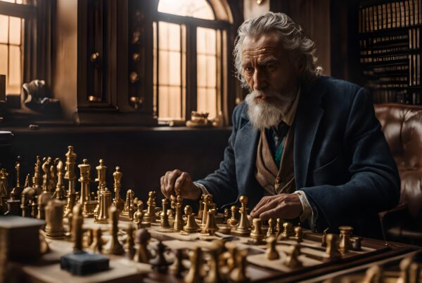 Elderly man playing chess in an ornate study with golden pieces.