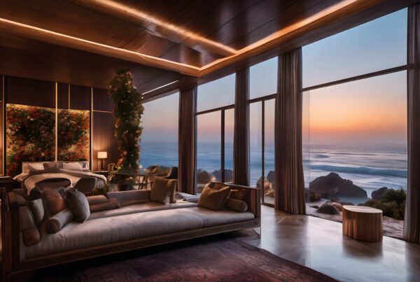 Luxury bedroom overlooking ocean view with cozy design elements and sunset ambiance.