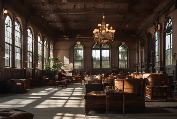 Elegant historical lounge with grand chandelier and leather seating.