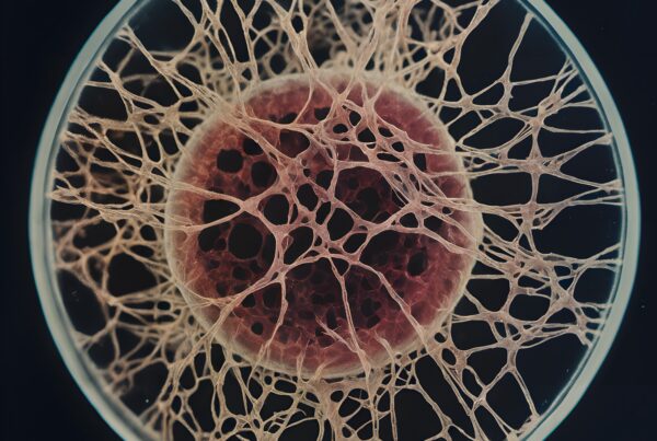 Close-up view of intricate cellular network structure with red and beige web-like fibers on a black background.