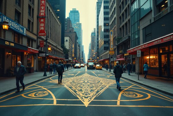 Busy city street with pedestrians and vibrant street art.