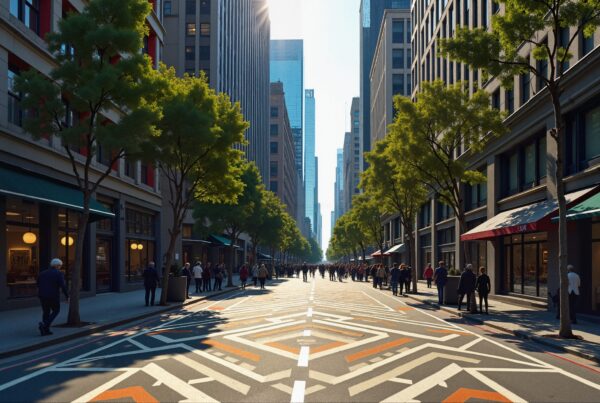 A lively city street with tall buildings, trees, and pedestrians.