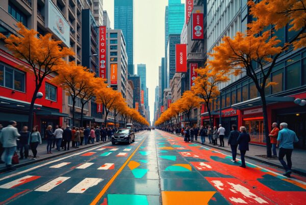 A bustling urban street lined with orange-leaved trees and vibrant geometric patterns.
