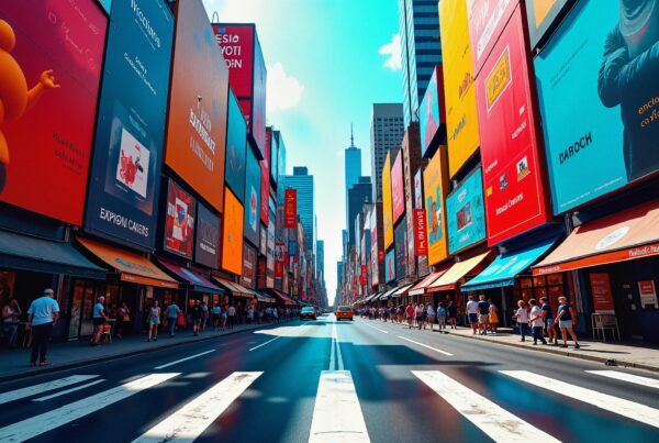 A vibrant city street with colorful billboards and bustling pedestrians under a clear blue sky.