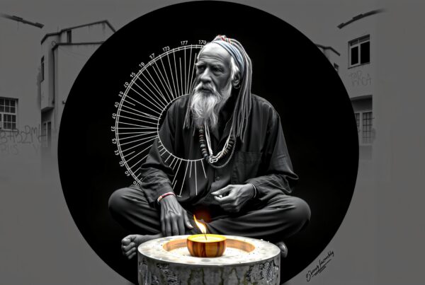 Elderly monk meditating with colorful flame and celestial background, symbolizing wisdom and tradition amidst a modern cityscape.