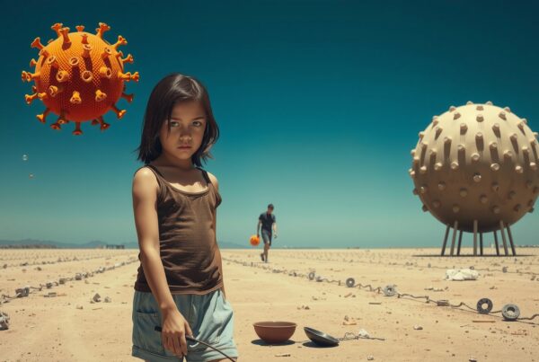 A girl stands in a desert landscape with giant spherical structures, evoking a surreal and contemplative mood.