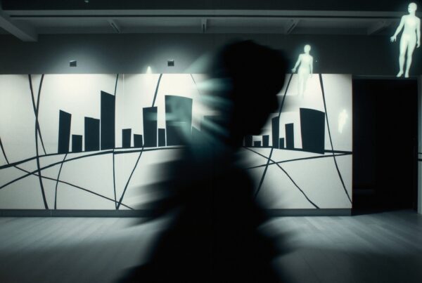 Abstract mural with silhouettes and glowing figures in dim room.