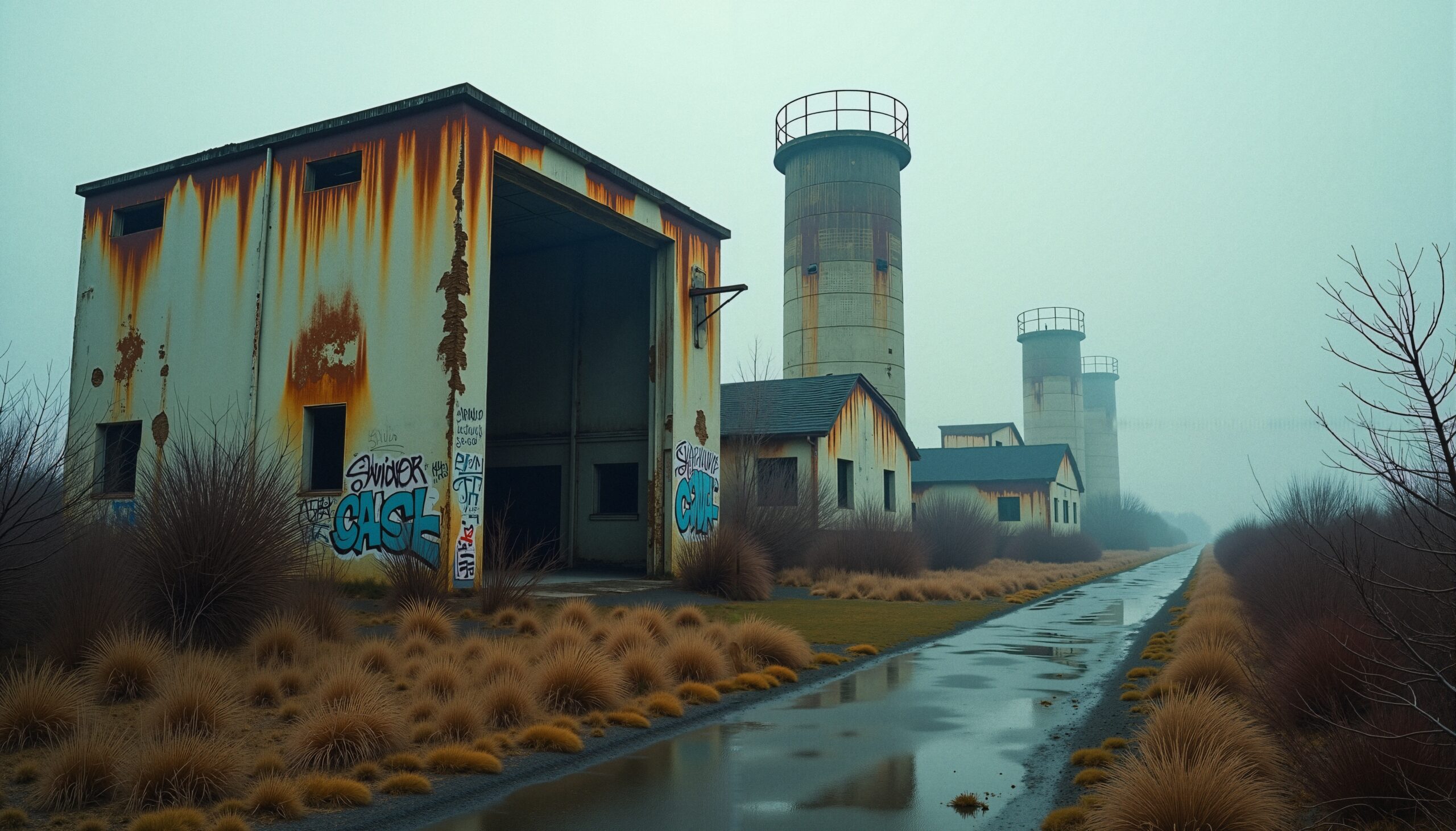 Abandoned Industrial Site in Fog