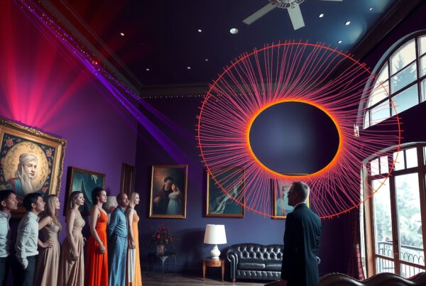 A group admires modern art in elegant room.