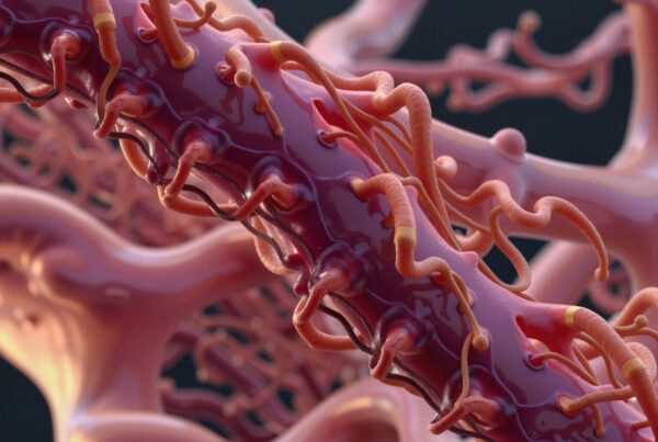 Detailed 3D visualization of complex biological structures, featuring intertwining vessels and textures in a vivid and intricate design.