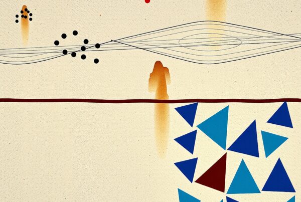 Abstract geometric composition with blue triangles, black dots, and fluid lines on a textured beige background.