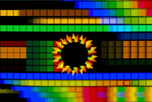 Abstract colorful pixelated digital art featuring rainbow sunburst pattern perfect for wallpapers