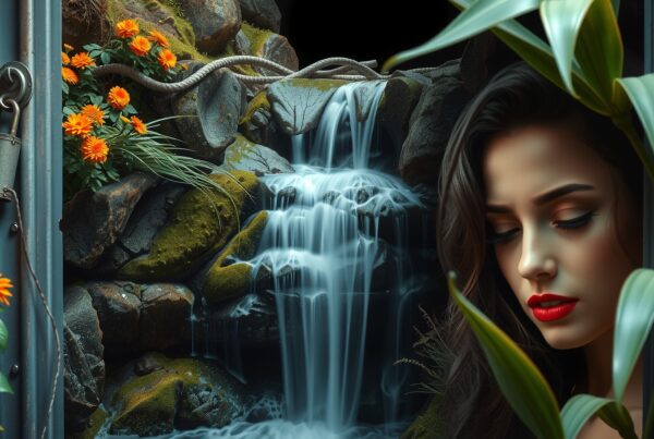 A mysterious waterfall with orange flowers.