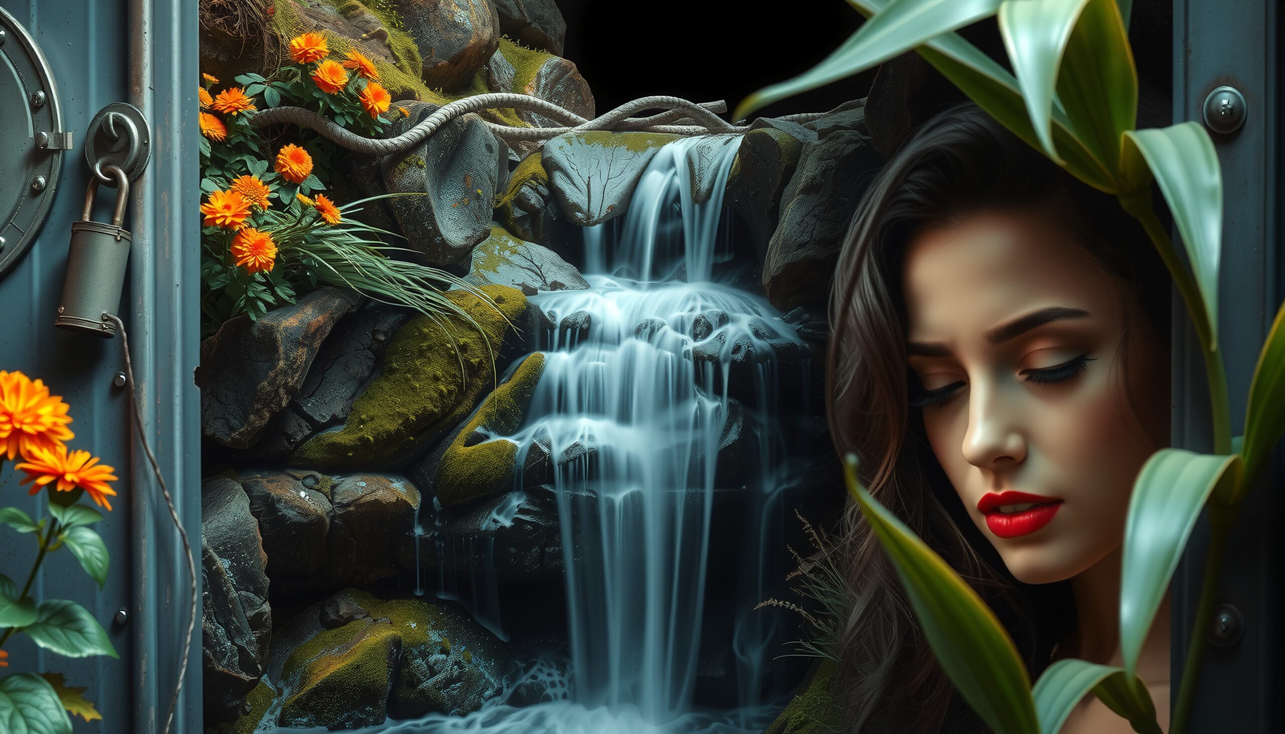 Hidden Waterfall Behind Metal Door