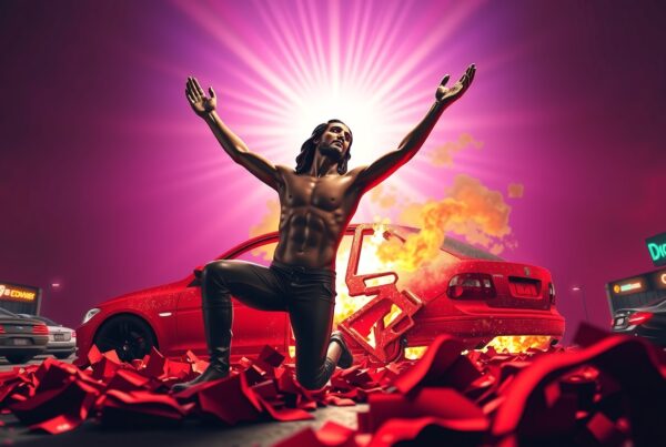Shirtless man raises arms by flaming car.