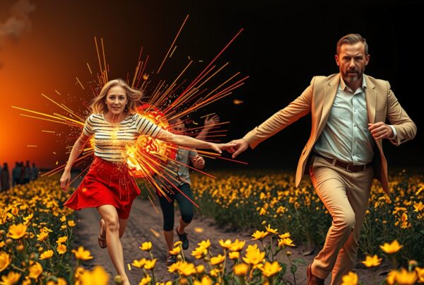A couple runs through a flower field at sunset, with dynamic light bursts highlighting their urgent escape and focused determination.