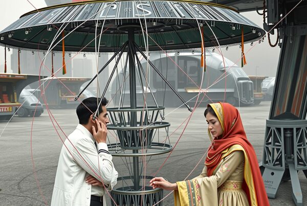 People beneath wires, futuristic setting, traditional attire, modern technology.
